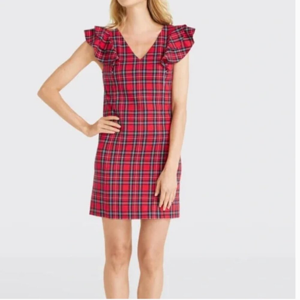 Draper James Plaid Ruffle Shoulder Red Dress Sz 4 EUC / Like New